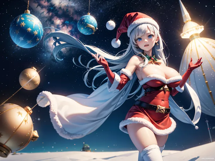 Envision a space-age North Pole with floating platforms of 3D Christmas ornaments, and Santas sleigh gliding through a cosmic trail of fractal constellations. enormous tits