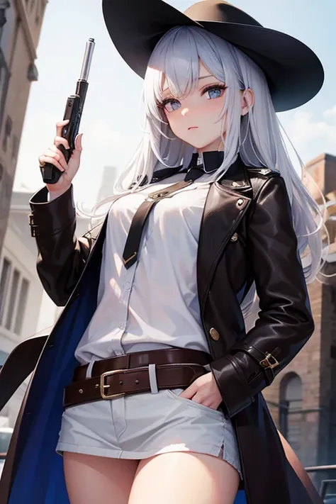 1 girl, Obra maestra,  La mejor calidad, camiseta blanca sin mangas, diafragma, Vaqueros azules cortos, grandes senos, Funda de pistola en la cadera, Arma realista, Colt Peacemaker en mano, Arma apuntando hacia adelante, Insignia de sheriff, Bullets in the...