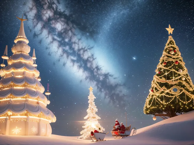 Envision a space-age North Pole with floating platforms of 3D Christmas ornaments, and Santas sleigh gliding through a cosmic trail of fractal constellations. enormous tits