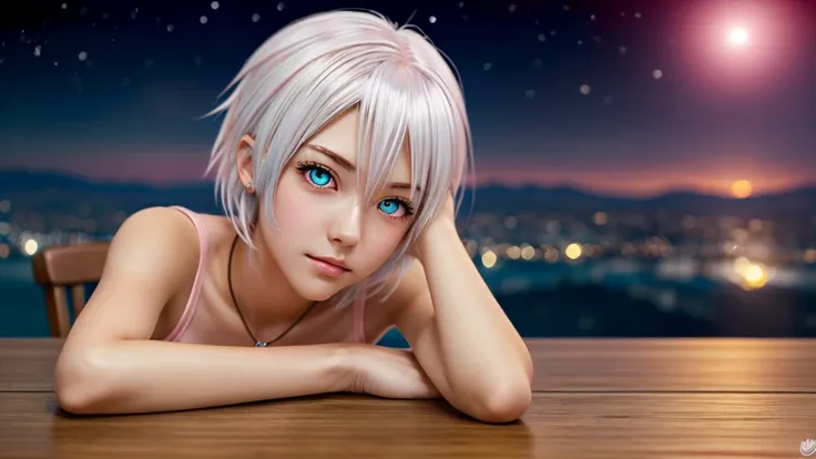 Be a girl with a pink complexion, beautiful eyes (red eyes) and deep as the night sky, half sad face lying on the table, white hair, looking at you, with an anime/semi-realistic style of art