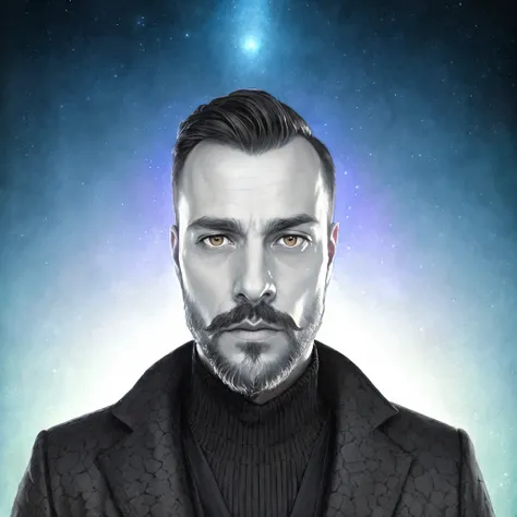 arafed man with a beard and a black jacket looking at the camera, strange portrait with white background, 8 0s style tomasz alen kopera, donato giancola and tom bagshaw, tom bagshaw donato giancola, tom bagshaw portrait, yuri shwedoff and tom bagshaw, insp...