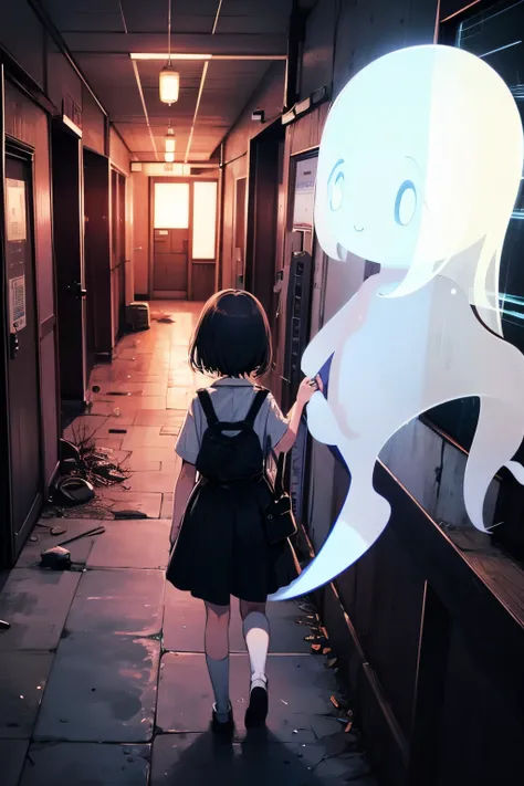 A girl exploring an abandoned hospital、I was very surprised because I heard a loud noise...、Overall dark、flash lights、I see a ghost behind the girl、Taken from behind