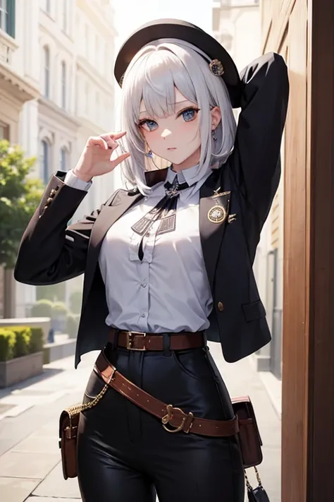 1人の女の子, Obra maestra, La mejor calidad, camiseta blanca sin mangas, diafragma, Vaqueros azules cortos, grandes senos, Funda de pistola en la cadera, Arma realista, Colt Peacemaker en mano, Arma apuntando hacia adelante, Insignia de sheriff, Bullets in the ...