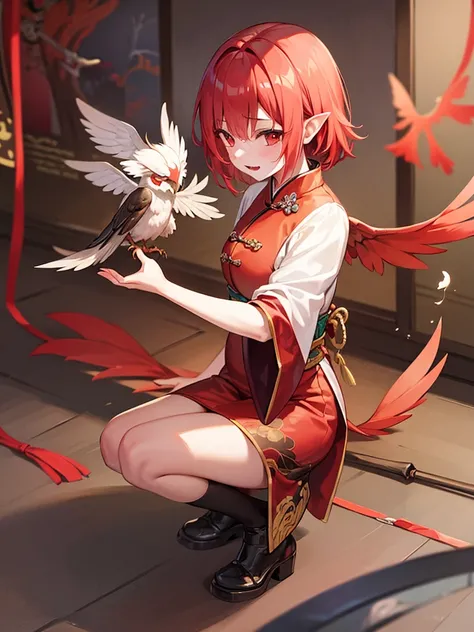 a harpy，youkai，Red head，Two wingirds claw，Ancient Chinese clothing