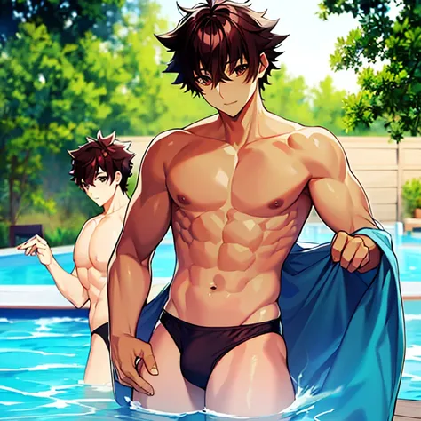 tenjou yuuya, Enfoque masculino, solamente, brown hair, brown eyes, Hermosa cara detallada, hermosos ojos detallados, negro((men costume swimwaear)), sol, junto a la piscina, Swimwear,