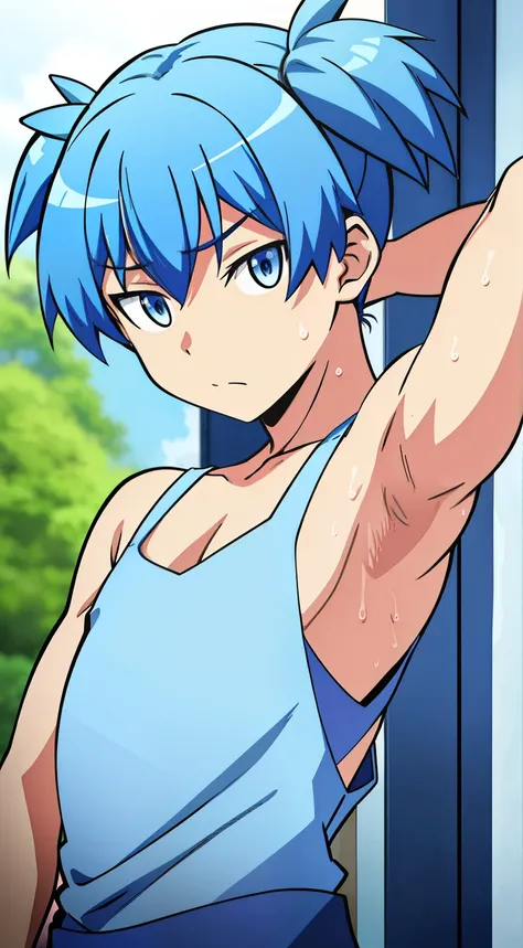 masterpiece, best quality, high quality, 1boy, solo, male focus, looking at viewer, upper body, shiota_nagisa, blue hair, blue e...