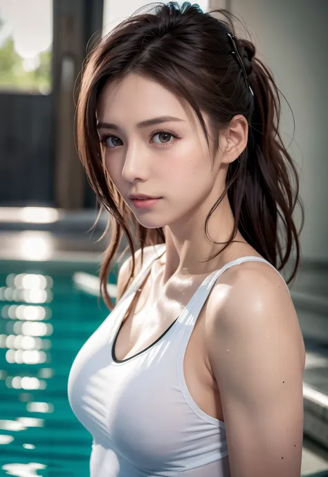 8K, of the highest quality, masutepiece:1.2), (Realistic, Photorealsitic:1.3), of the highest quality, masutepiece, Beautiful young woman, Pensive expression, Thoughtful look, Competitive swimmers、swim wears、Hair tied back, Cinematic background, Light skin...