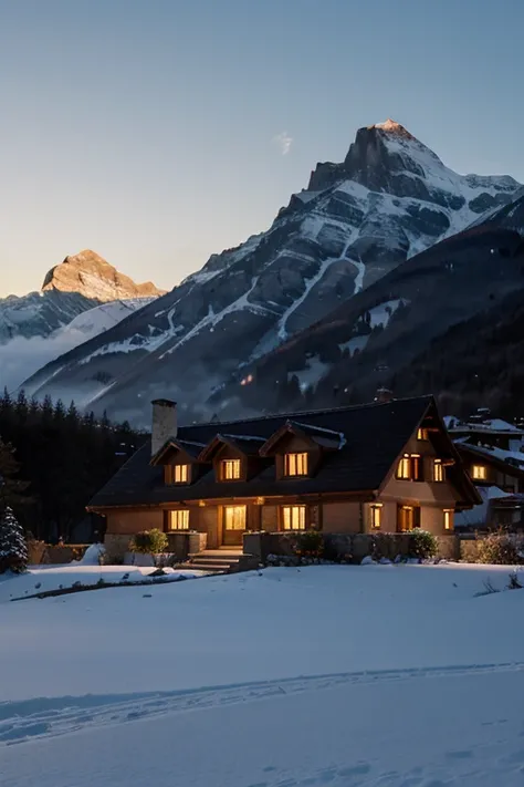 landscape with mountains and a Swiss-style house at dusk with cloudless sky