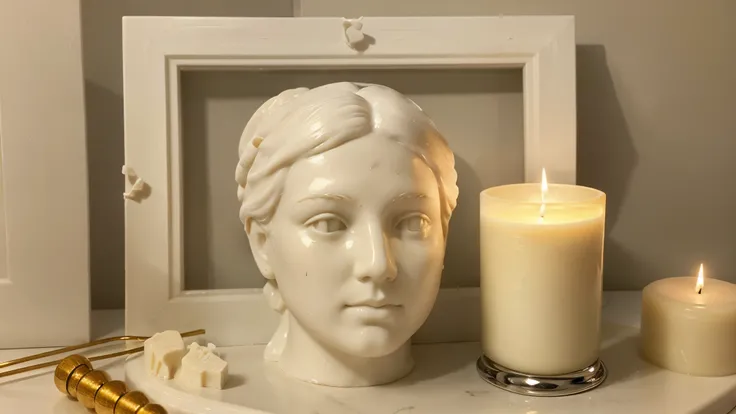 Frame imitating a cord Candle in a beautiful mold Handmade soap with a beautiful look Plaster bust, candlestick color palette: A white, gris, for plaster image, Shades of white, beige for soap, and yellow or orange for candle flame.