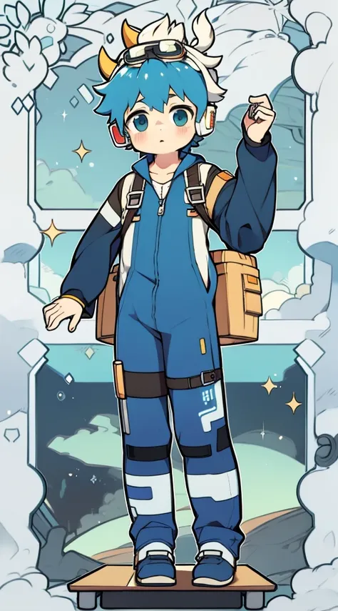 Two-dimensional boy Shota，One-piece hiking suit，Slim, Healthy body，Wear the headphones on your head，The stands up，protective goggles，cow horn