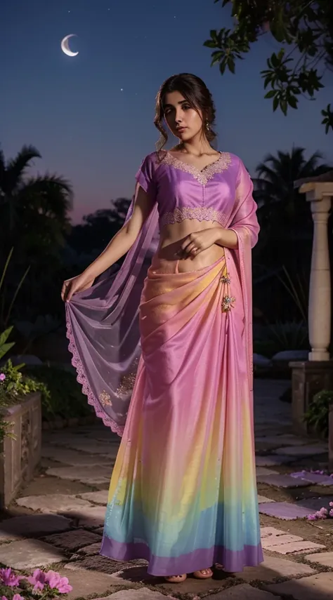 a beautiful  gradient magenta-yellow plane georgette,silk , soft , smooth , fabric , chiffon,  and attractive  maxi  salvar and dupatta, 3d  blue flower lace , kept standing in the moonlight garden and focus on her