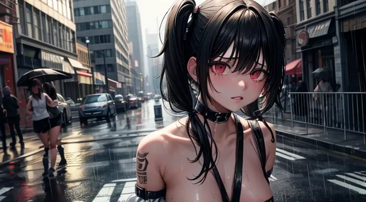 a tied up naked emo teenager girl with black hair in pigtails on a street in the city in the rain getting raped