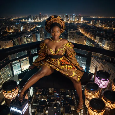 A unique fisheye lens 2.0 view of an African woman dressed in vibrant African-inspired clothes, shes floating high up in the sky above the city and sky scrapers, city lights beneath her feet, shes surrounded by floating drone cameras flashing lights on her...