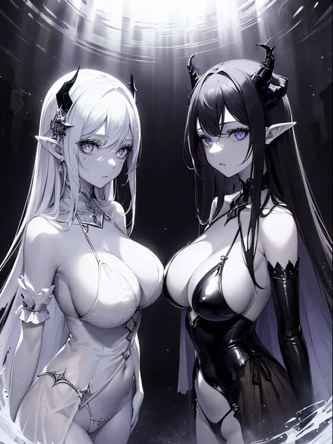 (masterpiece,best quality,ultra-detailed),3girl, pointy ears, black horns,delicate:1.2, horror,beautiful, mystical, surreal,(seductive),((pale skin)),(25 years old), (white hair),((black sclera)),dark yellow eyes,((dust theme)),small breasts,big breasts