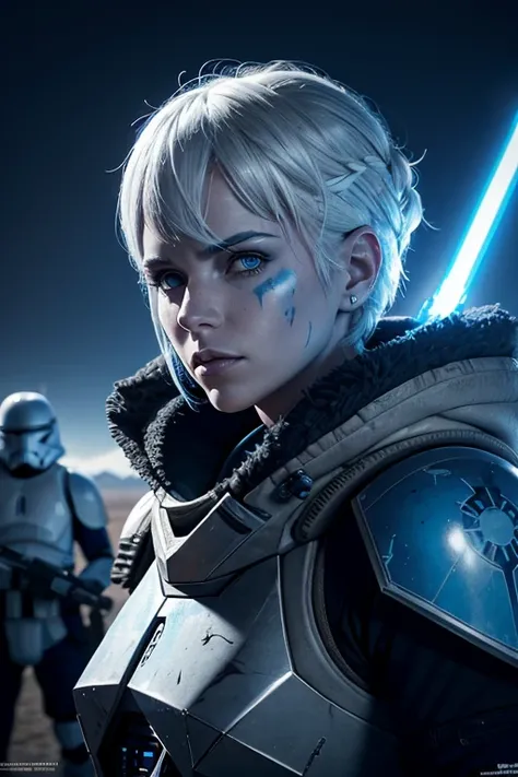 (best quality,highres),Female Jack Frost,Mandalorian,cold environment,white hair,white eyes,blue tribal tattoo on face,two plasma pistols,star wars battle scene,desert landscape,portraits,sci-fi,sharp focus,blue color tones,dramatic lighting