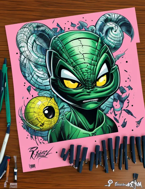 alien caricature comic cartoon, style art by artist Cheo, high definition and details, 4k,no background, no deformity, no plastic, super realistic, stamping t-shirt --auto --s2