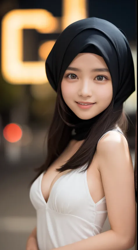 hijabi, cleavage, masterpiece, best quality, 8k, 15yo, , raw photo, absurdres, award winning portrait, solo, night, neon, idol face, violaceaess, gardeniass, delicate girl, upper body, DSLR, looking at viewer, candid, sophisticated, youthful, smile, profes...