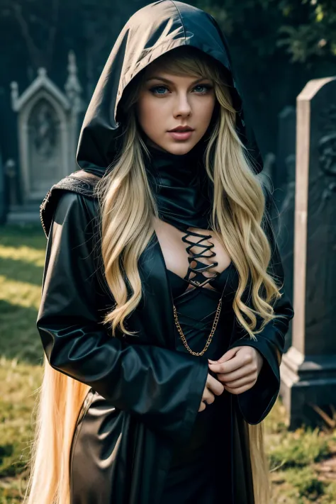 Taylor Swift, long blonde detailed curly hair, tan skin, doe eyes, athletic build, hourglass figure, Queen of Death, black robes, sexy black outfit, grim reaper, exterior graveyard, surrounded by ones and skulls, black hood, hooded figure, make it look lik...