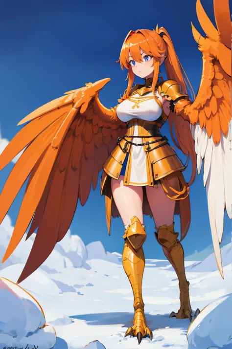 4K,hight resolution,One Woman,orange color hair,poneyTail,Blue eyes,Harpy,one white winged,golden nails,Knights,white knight armor,Heavy armor,Medieval castle town