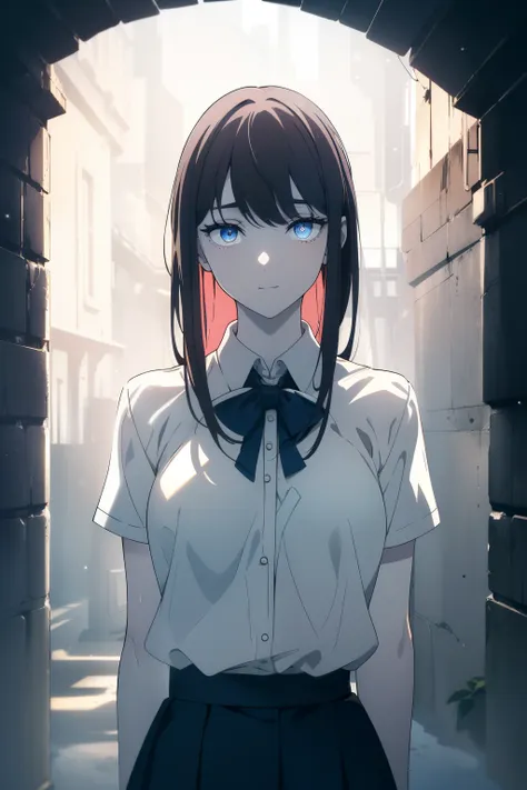 (Obra maestra, La mejor calidad, ultrahigh resolution), 1girl, standing, school uniform, white office shirt, black pleated skirt, ((light brown, light brown hair:0.7), long hair cut, pale skin, ((blue eyes)), glowing_eyes, neon eyes, (ultra detailed eyes, ...