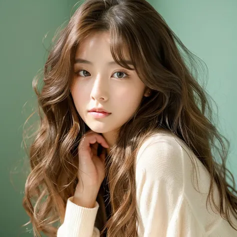 Long hair with a loose perm、A woman in her 20s with light brown hair　White wall background