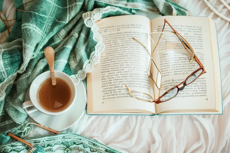 there is a book and a cup of tea on the bed, Flatlay Book Collection, Lendo novo livro, Ler um livro, cozy aesthetic, um livro aberto, open book page, enrolado em um livro, com um livro vintage em uma mesa, flowing book pages, aconchego, Directed by: Matij...