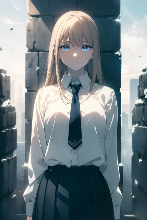 (Obra maestra, La mejor calidad, ultrahigh resolution), 1girl, standing, school uniform, white office shirt, black pleated skirt, ((light brown, light brown hair:0.7), long hair cut, pale skin, ((blue eyes)), glowing_eyes, neon eyes, (ultra detailed eyes, ...