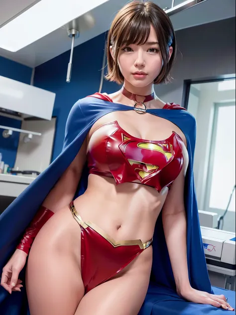 top-quality、​masterpiece,Short-haired Supergirl sleeping in the operating room、Plump breasts、Looking at the camera、a choker、bare-legged、MagazineCover、highleg、a miniskirt、Tight costumes、Puzzled、Large open legs、Obscene、Show a glimpse、Fluttering cloak