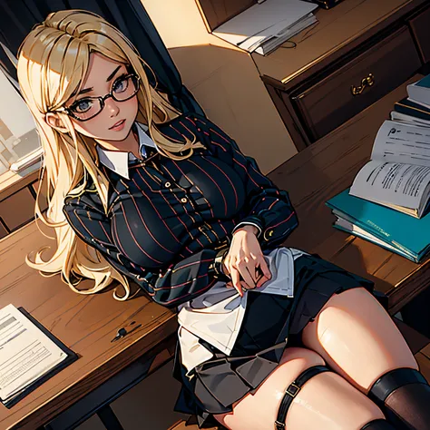 masterpiece, high quality, girl, blonde, secretary, tight black skirt, tight striped shirt, sexy, with glasses, tied with rope, bondage, lying on the table. showing panties, tight