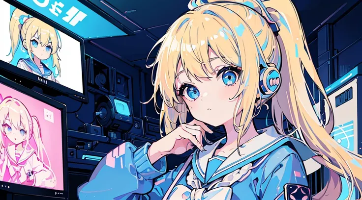 (1 girl, blonde hair, ponytail, blue eyes, sailor suit, headphone, kawaii), (blue cyberpunk, room with big monitors, blue neon)