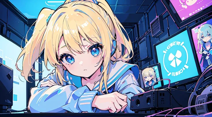 (1 girl, blonde hair, ponytail, blue eyes, sailor suit, headphone, kawaii), (blue cyberpunk, room with big monitors, blue neon)