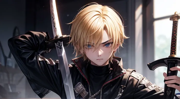 a emo teenager guy with blonde hair with a sword