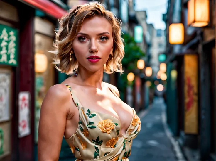 A hyper detailed. Intricate design. (Slim head)Portrait of Scarlett Johansson 32 years old in a sexy sexually revealing sun dress on a busy street, realistic dress, gorgeous dress model, sexy model, attractive body, perfect body, sexy, seductive, beautiful...