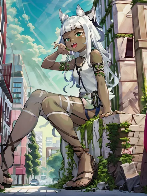 Ochette, 1girl, dark skin, white hair, city, green eyes, giantess, tall, cute, full body picture, buildings, gao, larger than buildings, best quality, pink dress, metal bracelets, skyscrapers, flat ground, street, ground visible, black shorts, adorable, ki...