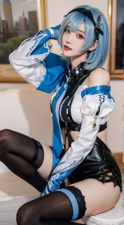 mix4,(8K, RAW photos, Best quality, tmasterpiece:1.2), (actual, realistically:1.37),1 Sister, Blue hair, Short hair details, blackstockings, shairband, through bangs, symetrical eyes, looking over city, natta, Detailed faces, middling, (looking at viewert:...