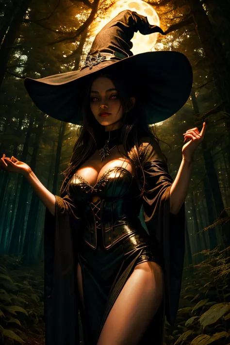 sexy witch girl, forest, mushrrons, nature, moonlight, ritual, mystic, horror