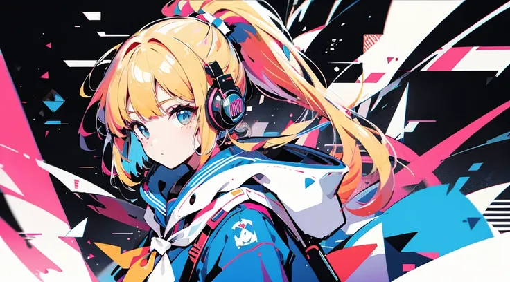 (1 girl, blonde hair, ponytail, blue eyes, sailor suit, headphone, kawaii), (blue cyberpunk, room with big monitors, blue neon)