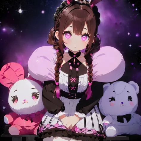 ((Brown hair)),((Braided shorthair)),((With black eyes)),Slight red tide,(gothic loli style costume:1.25),(Head dress:1.2),((Cute stuffed rabbits and bears are scattered around...)),(The entire space is dyed pink, Black, Purple, and white.),(Big eyes:1.5),...