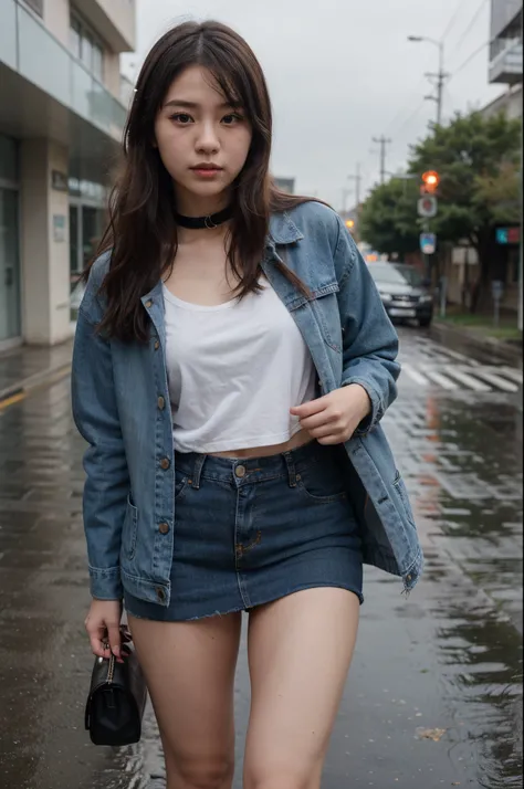 A busy road with rainy day. 
There  a beautiful korean girl with shaggy hair wearing opened jeans jacket showing sailor school uniform with light blue skirt
Wearing black collar and headband