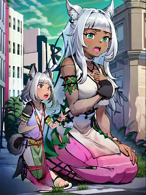 Ochette, 1girl, dark skin, white hair, green eyes, giantess, huge, 70 ft tall, cute, full body, best quality, pink dress, metal bracelets, skyscrapers, flat ground, street, ground visible, black jeans, adorable, kind, gentle, empty hands, small build, slim...