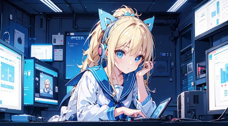 (1 girl, blonde hair, ponytail, blue eyes, sailor suit, headphone, kawaii), (blue cyberpunk, room with big monitors, blue neon)