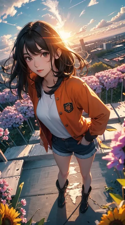 ((8k wallpaper of extremely detailed CG unit, ​masterpiece, hight resolution, top-quality)), (Beautuful Women, Hands in pockets:1.5, Grunge Fashion, wearing an orange cardigan:1.2, Wearing micro mini shorts:1.2, Wearing shoes:1.1), ((extra detailed face, H...