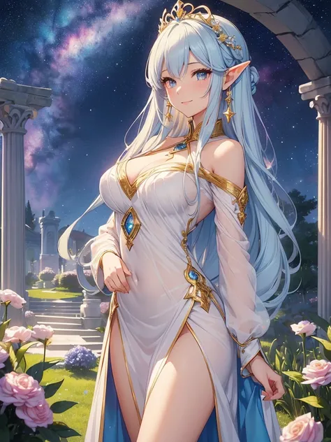 top-quality、Top image quality、​masterpiece、Super beautiful elf beauty((24 year old、Best Bust、big bast、Bust 90,beautiful blue long ironed hair、a blond、A sexy、A slender、a closeup、Esbian、beautiful tiara、hiquality、Beautiful Art、Background with((starrysky)))mas...