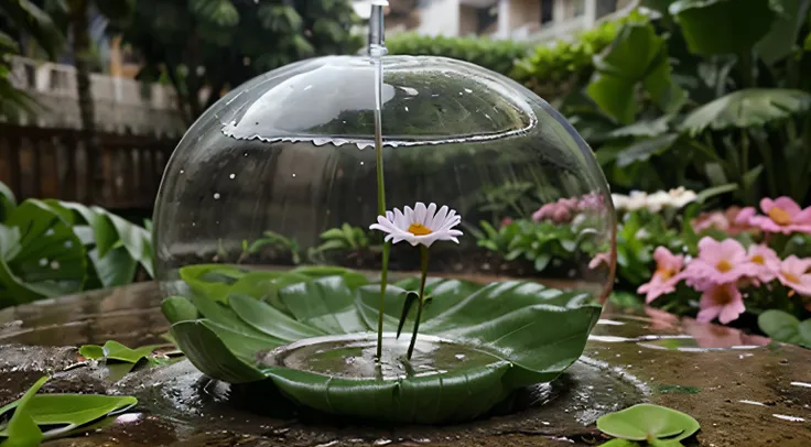 Gotas de chuva em flores de um jardim com fundo futurista.