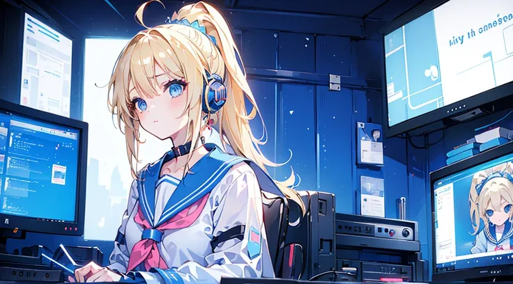 (1 girl, blonde hair, ponytail, blue eyes, sailor suit, headphone, kawaii), (blue cyberpunk, room with big monitors, blue neon)