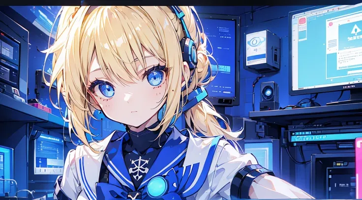 (1 girl, blonde hair, ponytail, blue eyes, sailor suit, headphone, kawaii), (blue cyberpunk, room with big monitors, blue neon)