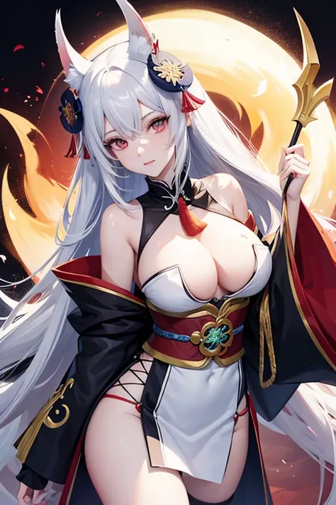 imagen de estilo de una mujer con cabeza de cabra y una espada, Arte detallado de Onmyoji, Armadura inspirada en Kitsune, Retrato de Onmyoji, Chica de anime demonio, Deidad de pelo blanco, fanart detallado, Onmyoji, Personaje de anime; Arte de cuerpo compl...