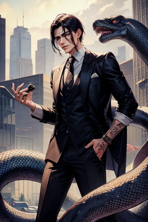 mafioso man, with giant snake tattoo, dark eyes, Korean, scar on his mouth, small eyes, big nose.