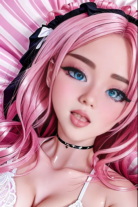 Face close-up of Selena Gomez, Pink black haired woman in a white and black outfit laying on a bed, belle delphine, ahegao, anime vibes, ahegao face, anime barbie in white stockings, shikamimi, webcam footage, highly realistic. live cam, y 2 k cutecore clo...