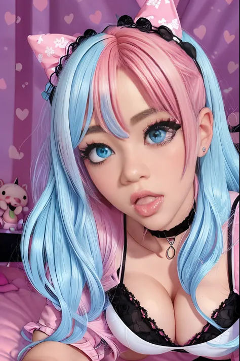 Face close-up of Selena Gomez, Pink black haired woman in a white and black outfit laying on a bed, belle delphine, ahegao, anime vibes, ahegao face, anime barbie in white stockings, shikamimi, webcam footage, highly realistic. live cam, y 2 k cutecore clo...